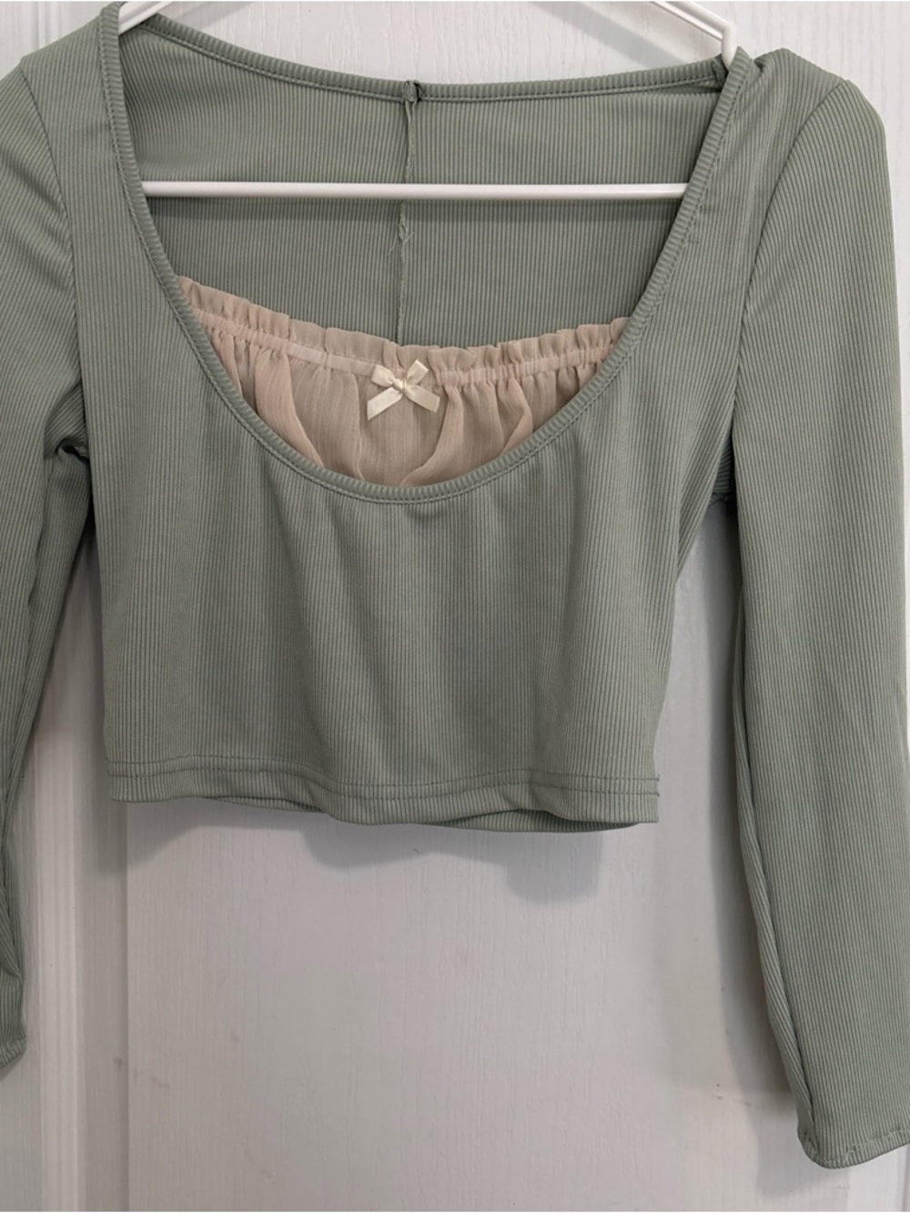 Scoop Neck Ribbed Long-Sleeve Crop Top in Sage Green